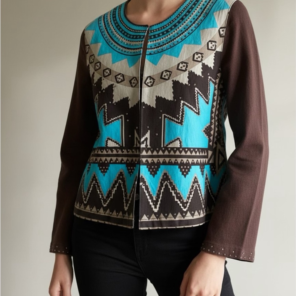 DG2 by Diane Gilman Brown & Turquoise Geometric Southwest Zip-Front Cardigan